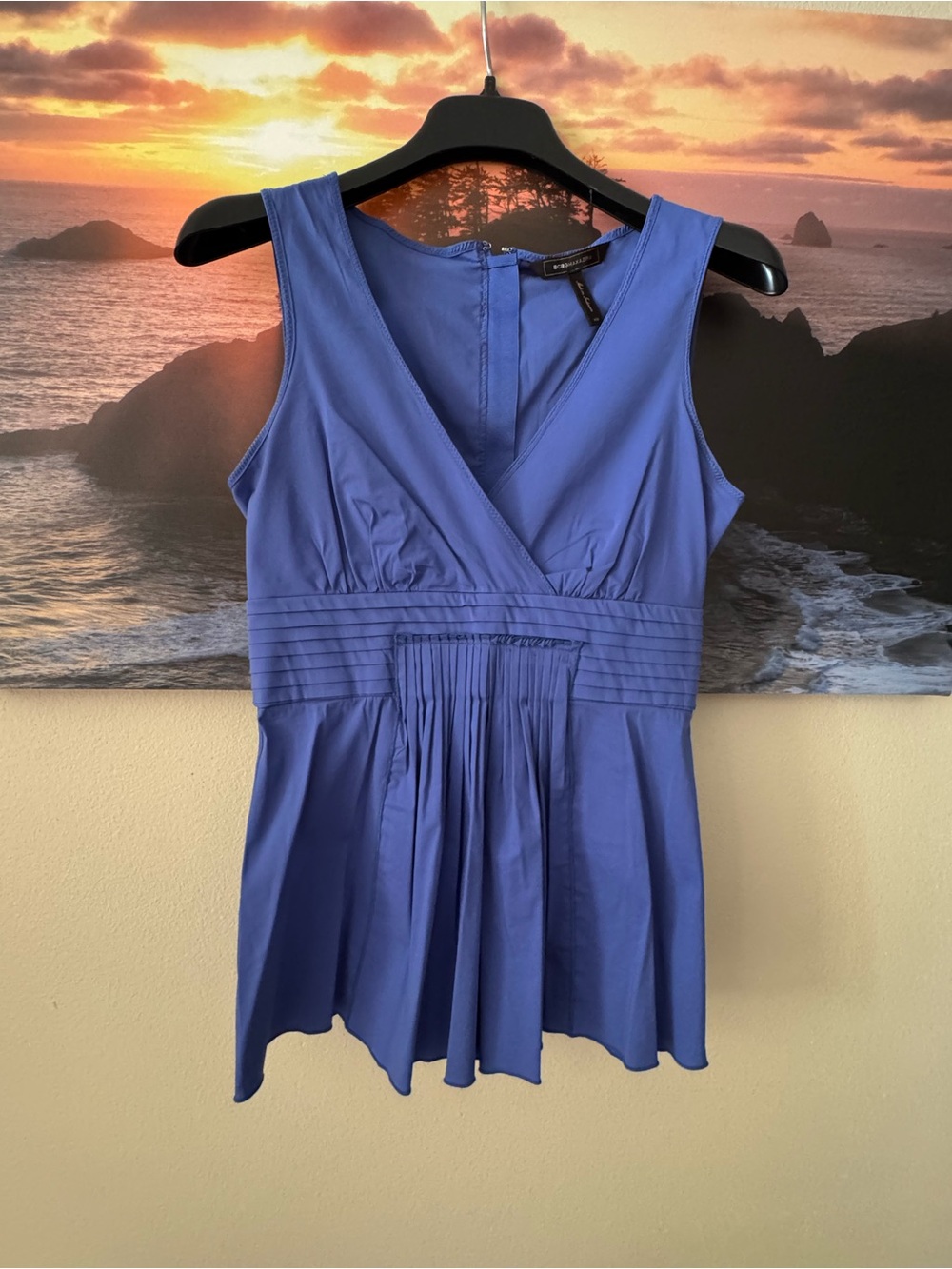 BCBGMAXAZRIA Sleeveless V-Neck Pleated Waist Top - Blue/ XS